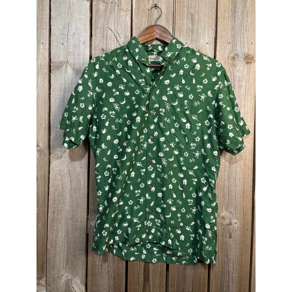Kenny Flowers Green Short-Sleeve Button-Down Shirt with White Tropical Icons